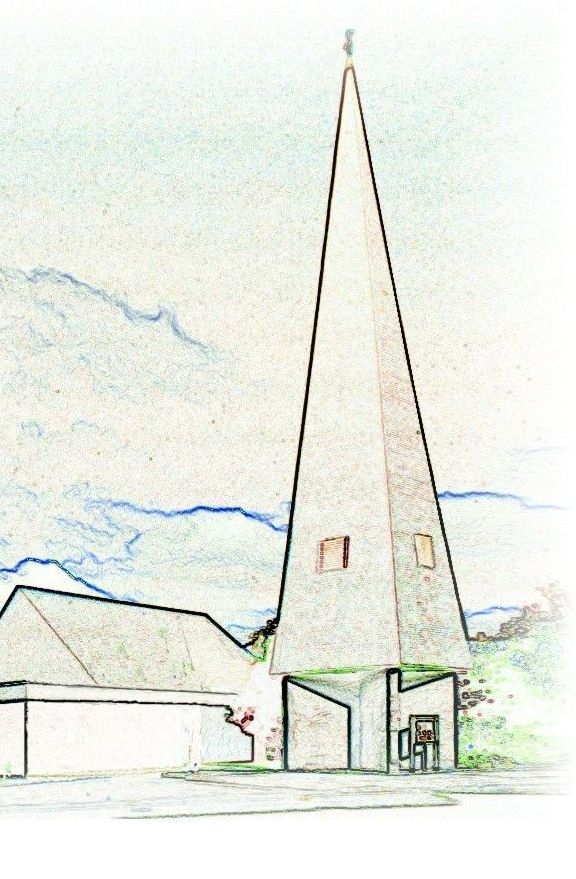 Die Erlöserkirche mit Kirchturm als Aquarell- Zeichnung dargestellt.