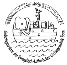 Ein Bild des Symbols der KiTa "Die Arche". Zu Sehen ist ein Schiff auf dem links ein Elefant sitzt, aus der Kajüte schaut mittig eine Giraffe und rechts sind kleine Personen zu sehen. Über der Arche spannt ein Bogen, mit dem Schriftzug "Die Arche". UNterhalb der Arche ist ein starker Seegang mit vielen Wellen zu sehen. Unterhalb steht der Schriftzug bogenförmig: "Kindertagesstätte der Evangelischen Kirchengemeinde Elsen".
